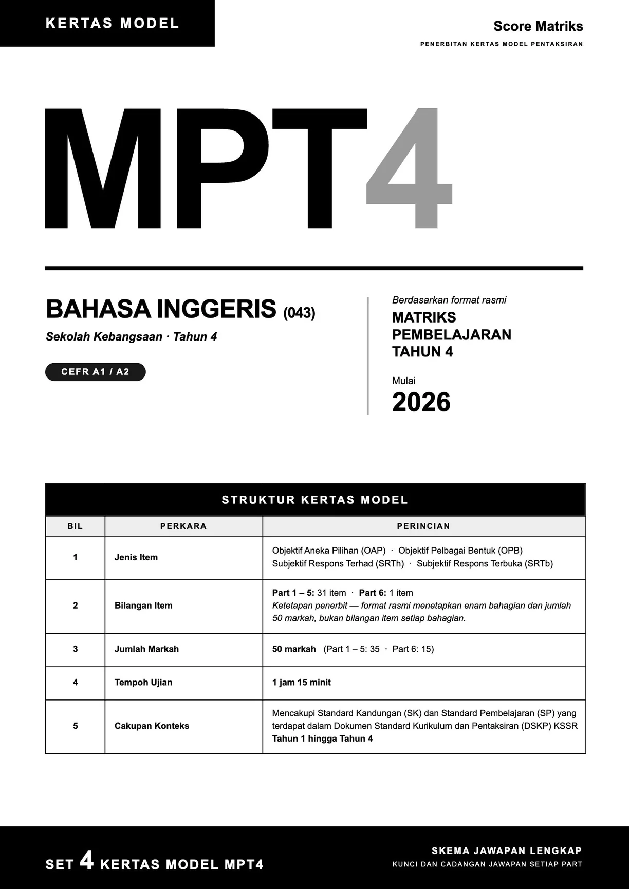 Muka depan kertas model BI – format pentaksiran rasmi MPT4