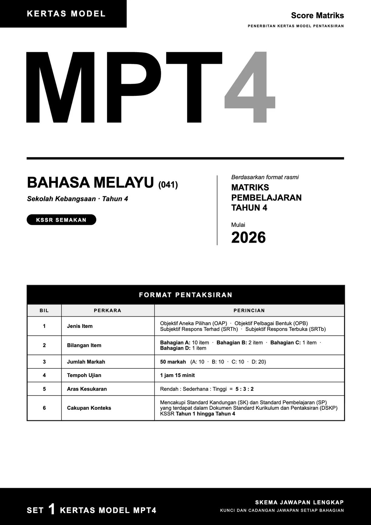 Muka depan kertas model BM – format pentaksiran rasmi MPT4