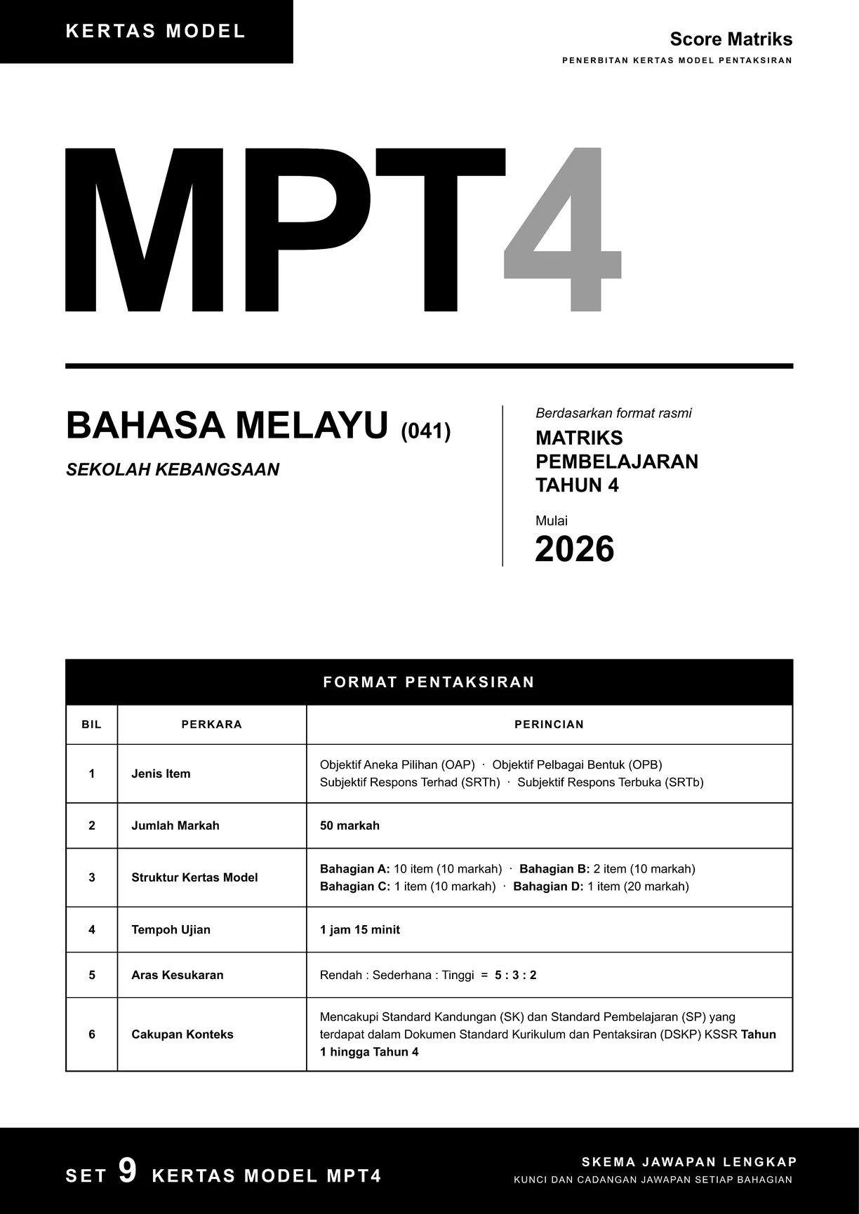 Muka depan kertas model BM – format pentaksiran rasmi MPT4