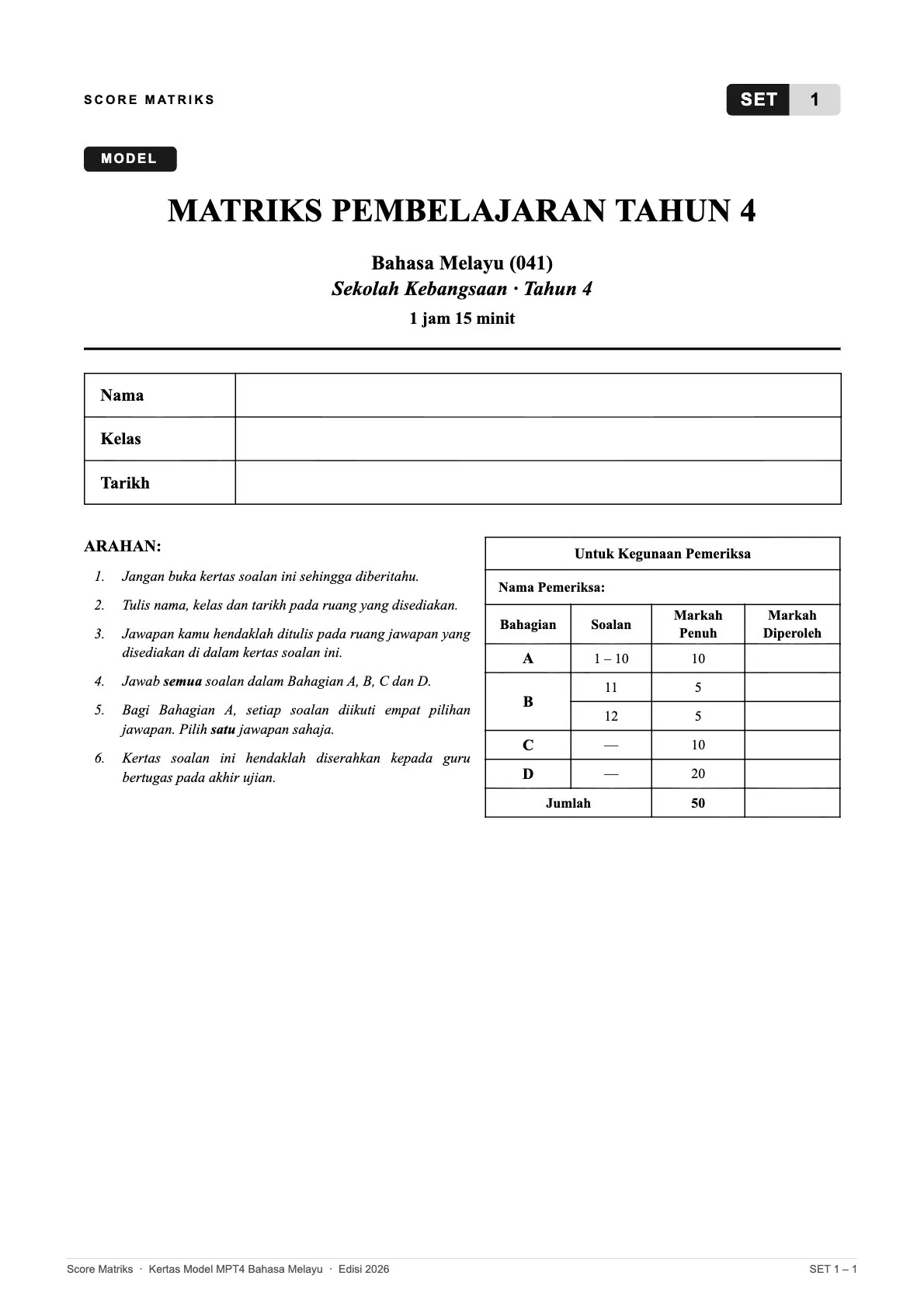 Muka depan kertas soalan Bahasa Melayu – arahan, ruang nama dan jadual markah