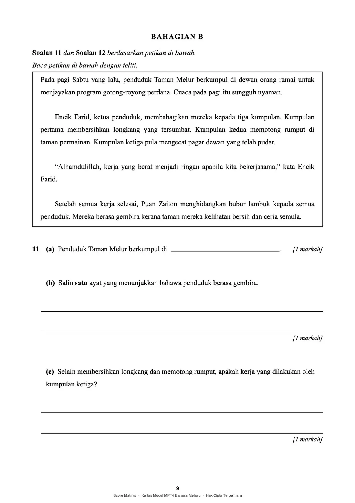 Contoh kertas model BM – Bahagian B