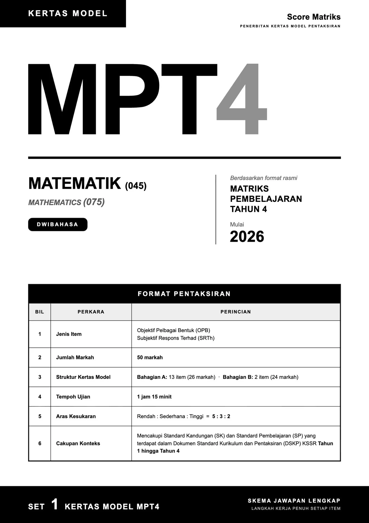 Muka depan kertas model Matematik – format pentaksiran rasmi MPT4
