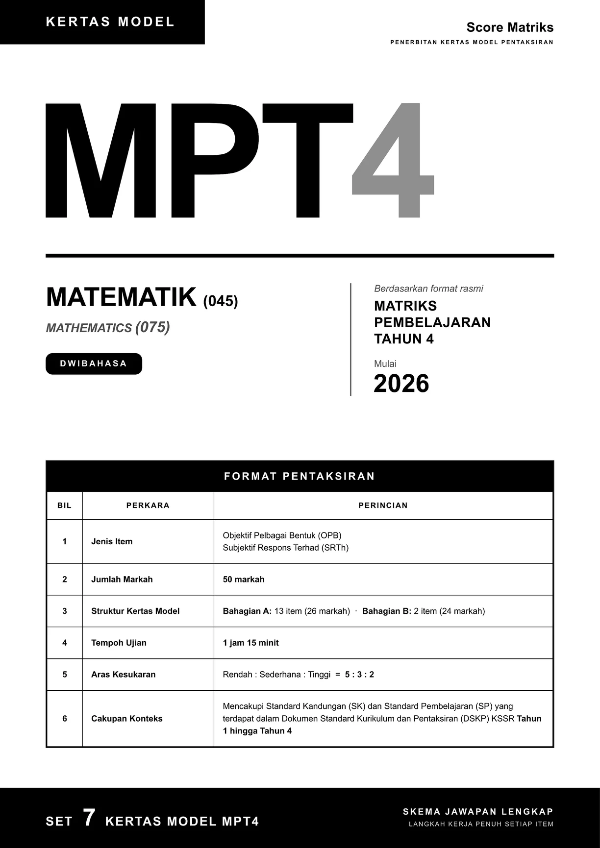 Muka depan kertas model Matematik – format pentaksiran rasmi MPT4