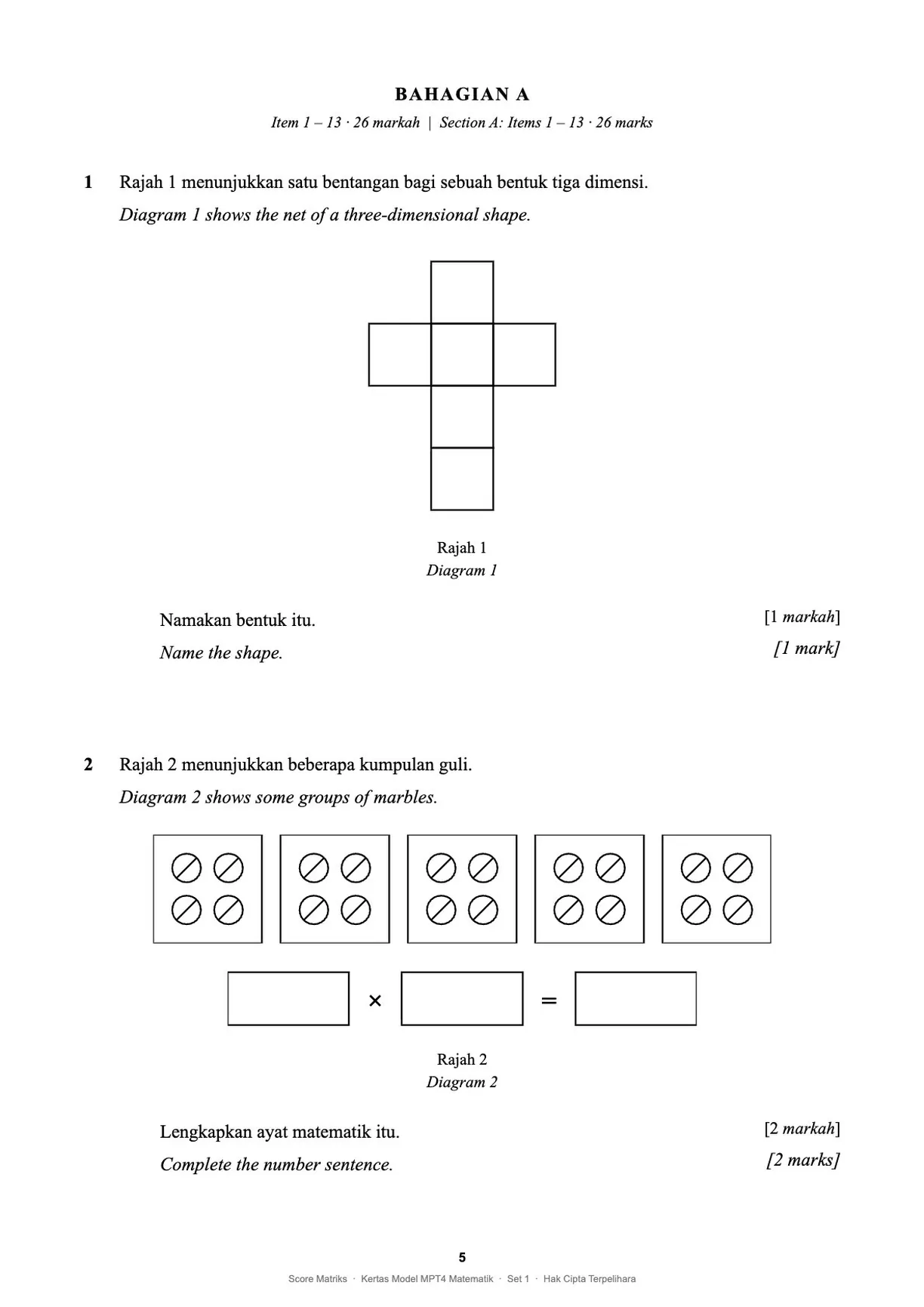 Contoh kertas model Matematik – Bahagian A