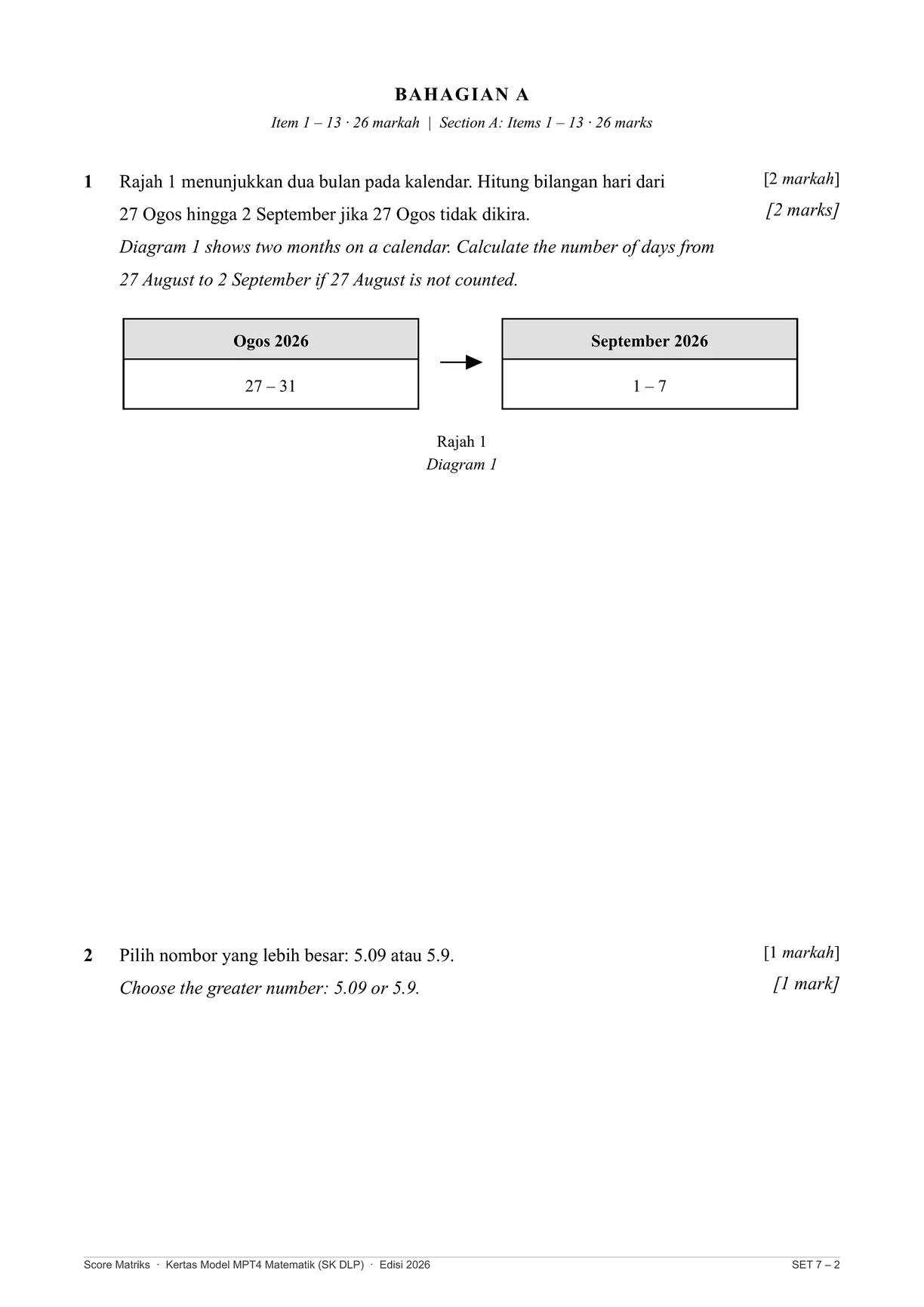 Contoh kertas model Matematik – Bahagian A