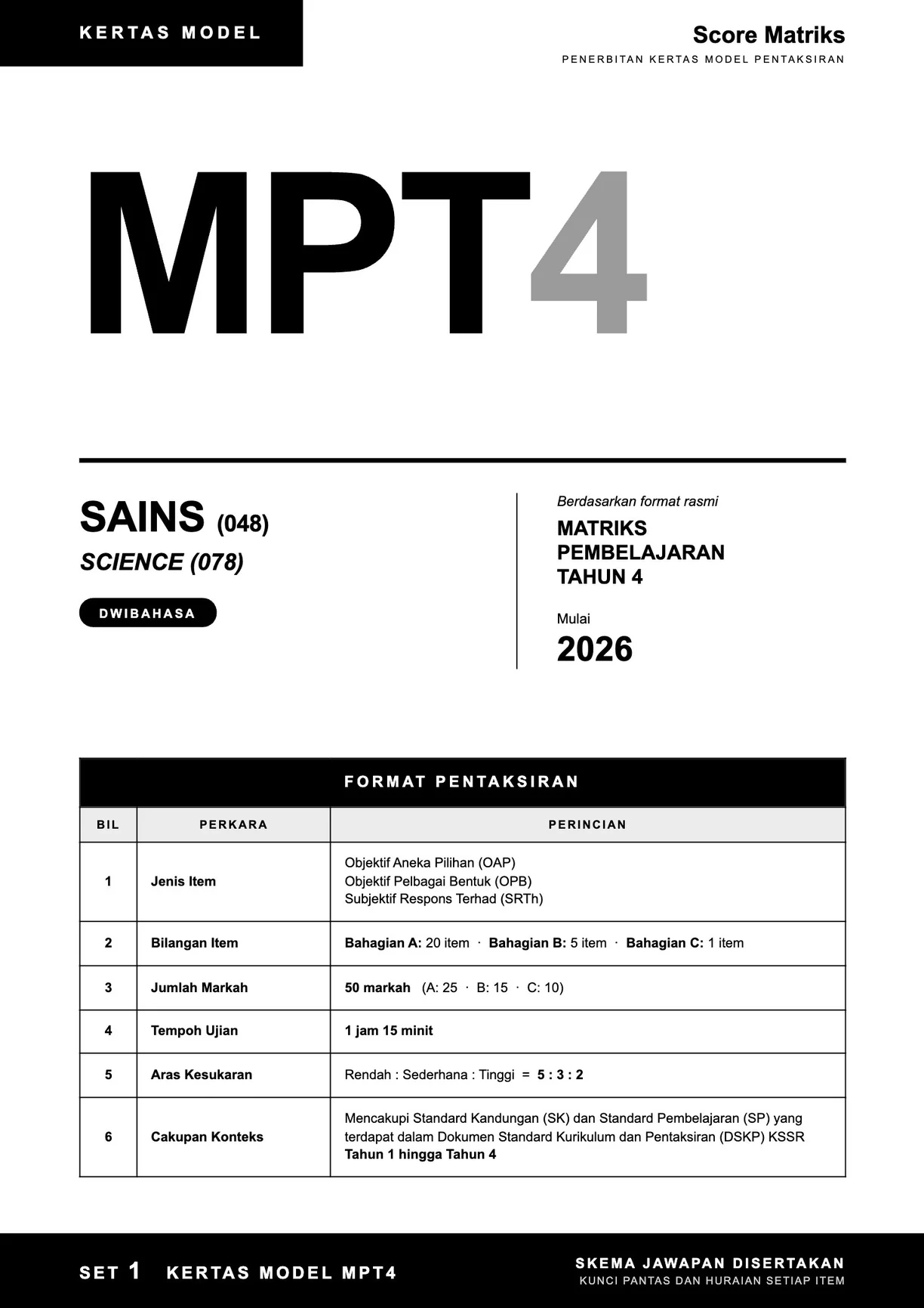 Muka depan kertas model Sains – format pentaksiran rasmi MPT4