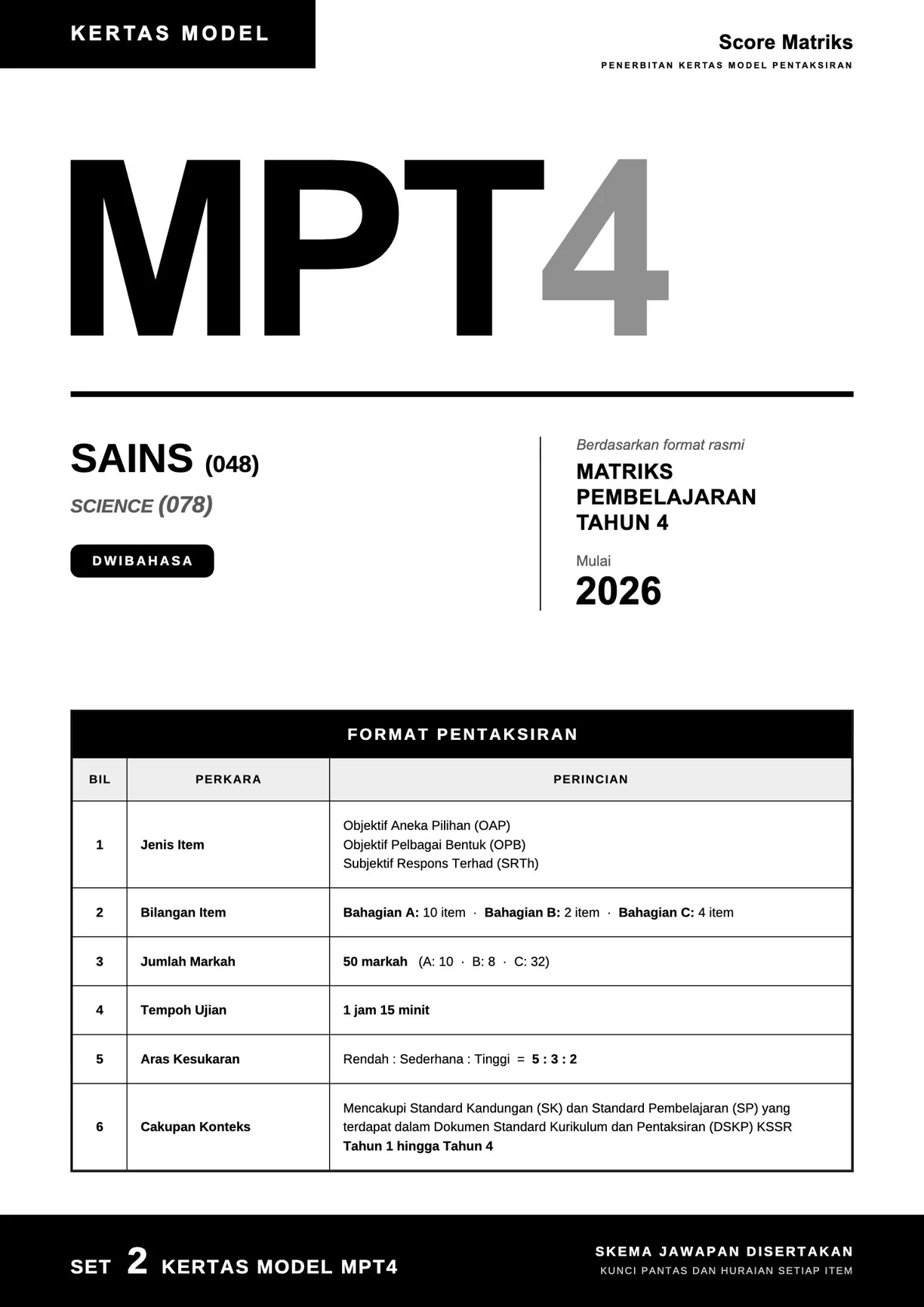 Muka depan kertas model Sains – format pentaksiran rasmi MPT4