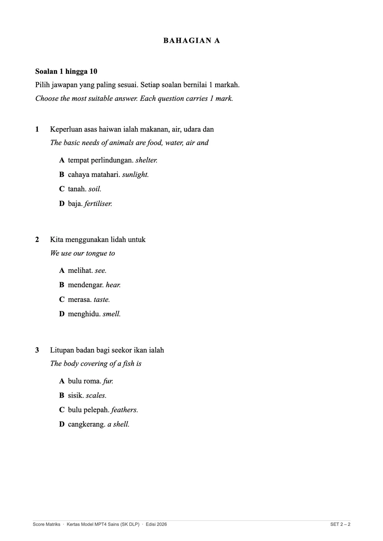 Contoh kertas model Sains – Bahagian A