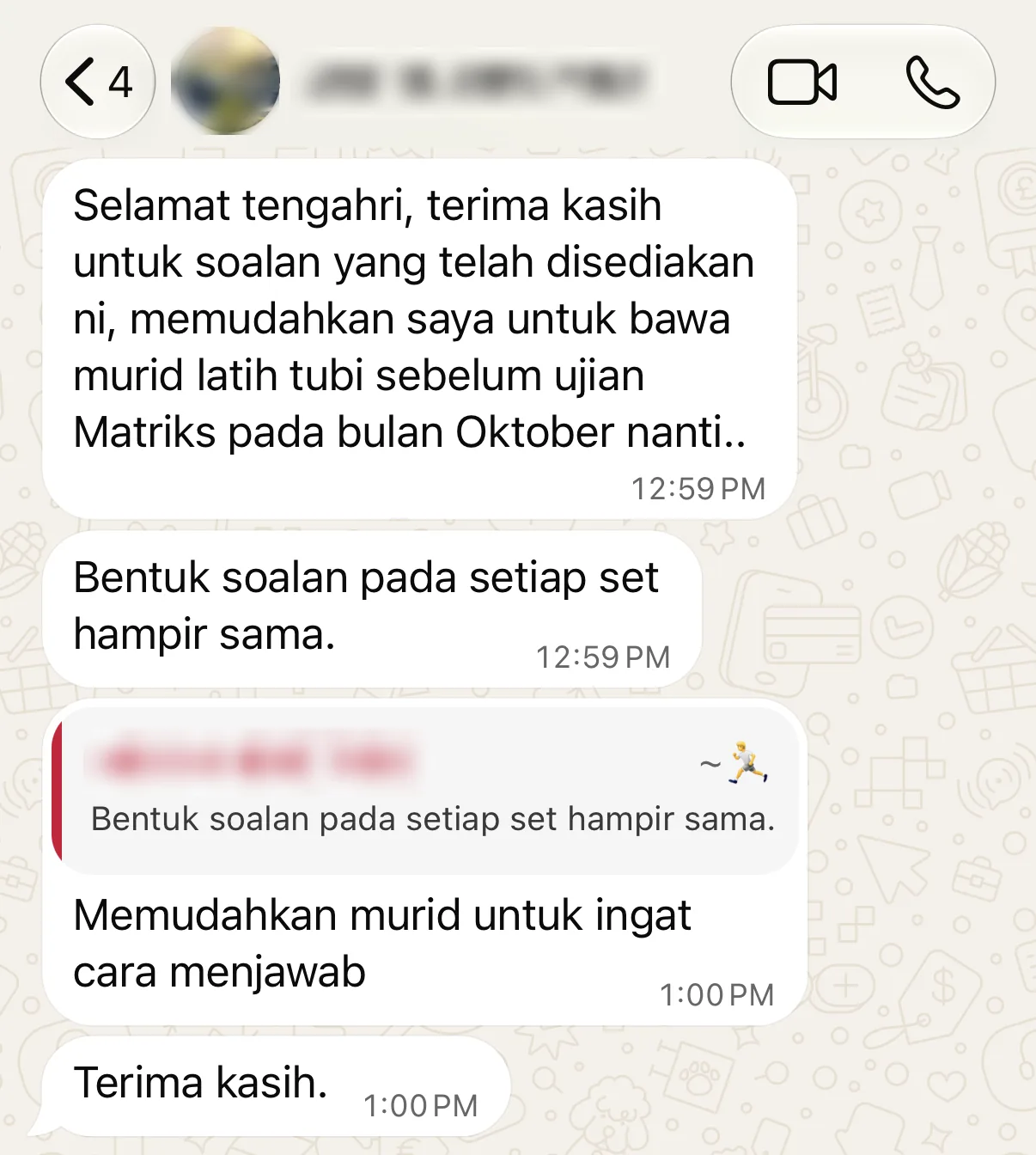 Maklum balas WhatsApp seorang guru: memudahkan bawa murid latih tubi sebelum ujian Matriks, memudahkan murid ingat cara menjawab