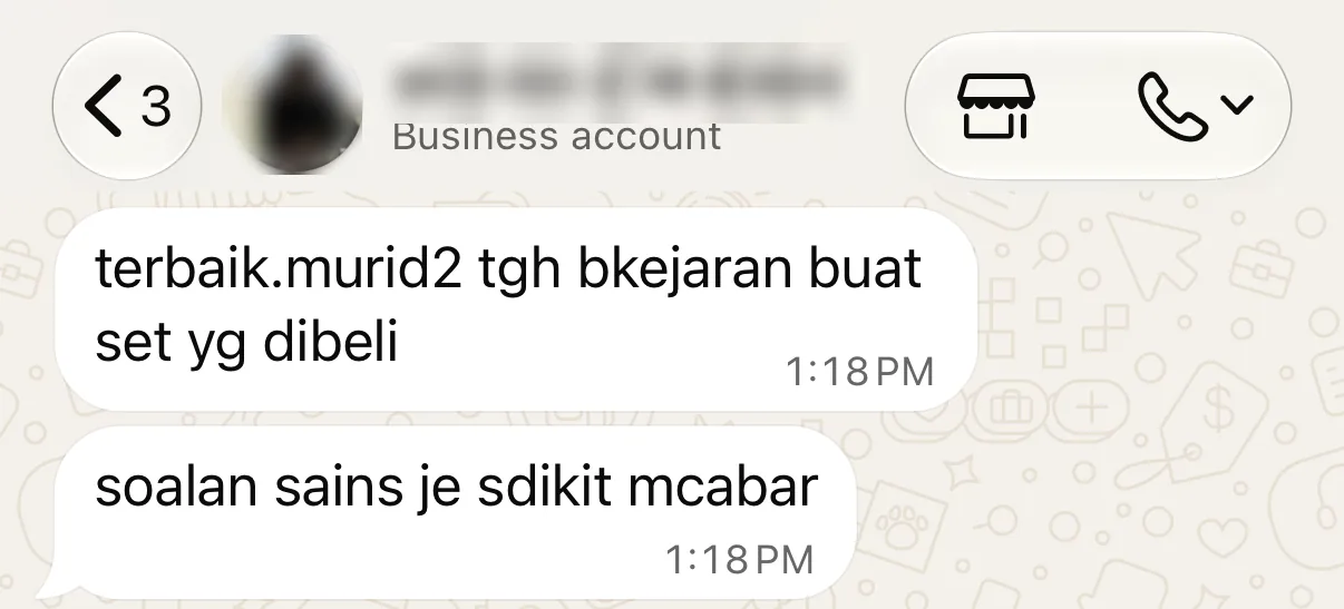 Maklum balas WhatsApp pembeli: murid berkejaran buat set yang dibeli