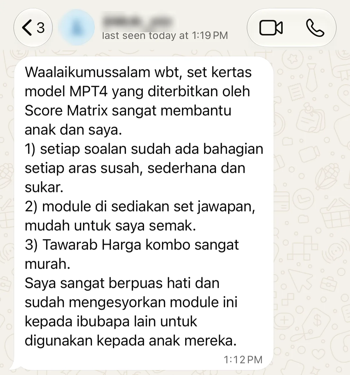 Maklum balas WhatsApp pembeli: soalan ada aras susah sederhana dan sukar, ada set jawapan, harga kombo murah, sudah mengesyorkan kepada ibu bapa lain