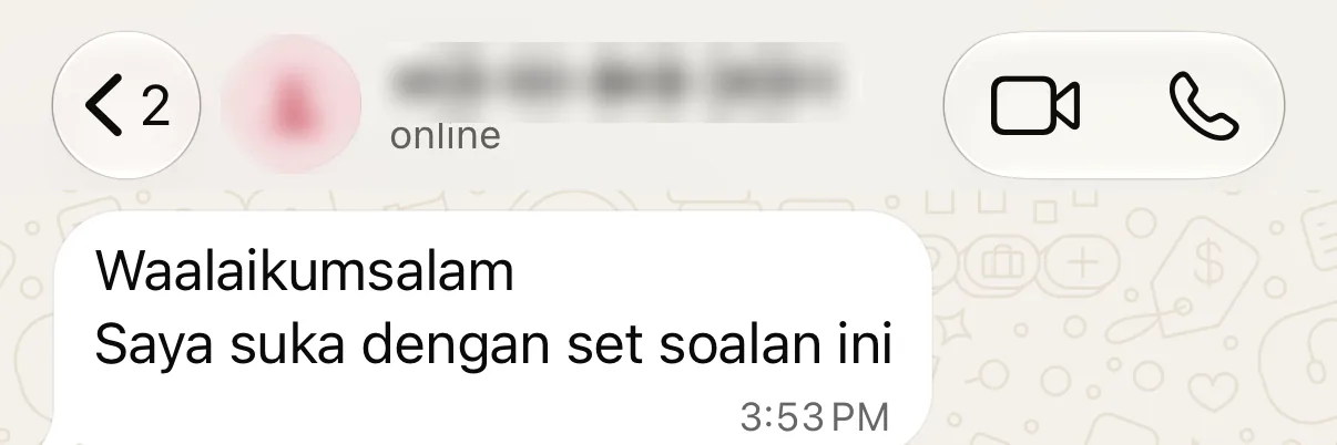 Maklum balas WhatsApp pembeli: suka dengan set soalan ini